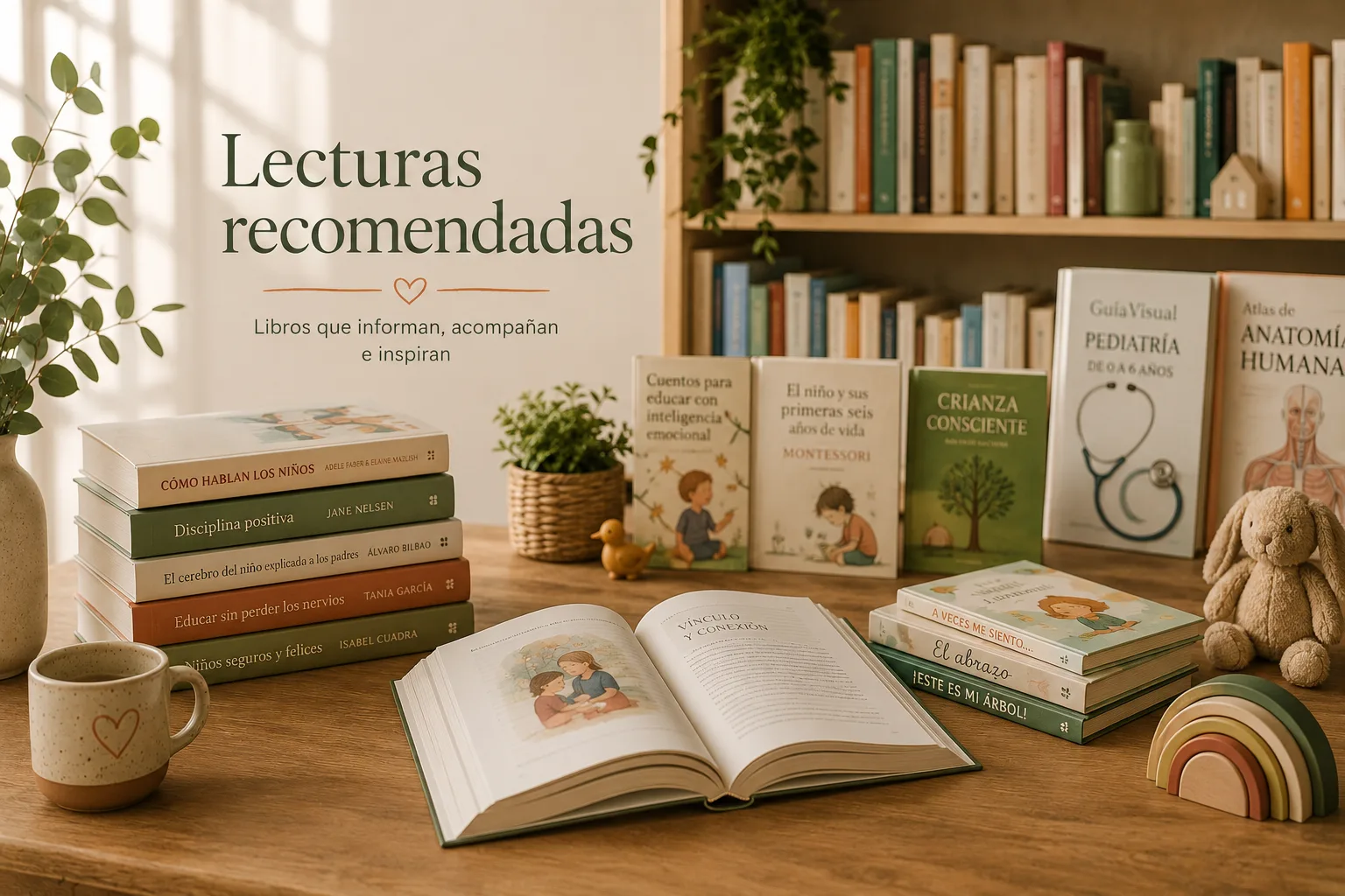 Mesa de lectura con libros de pediatría, crianza y cuentos, en una biblioteca cálida