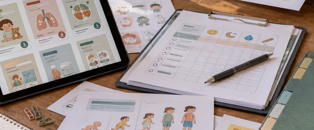 Guías e infografías sobre una mesa, con una tableta y una impresora preparando un documento