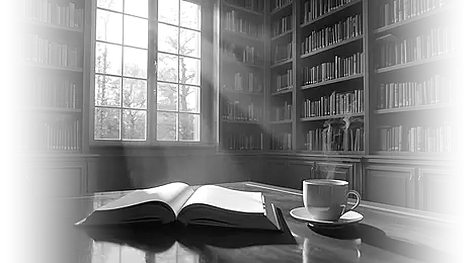 Biblioteca con un libro abierto y una taza de café sobre la mesa, en blanco y negro